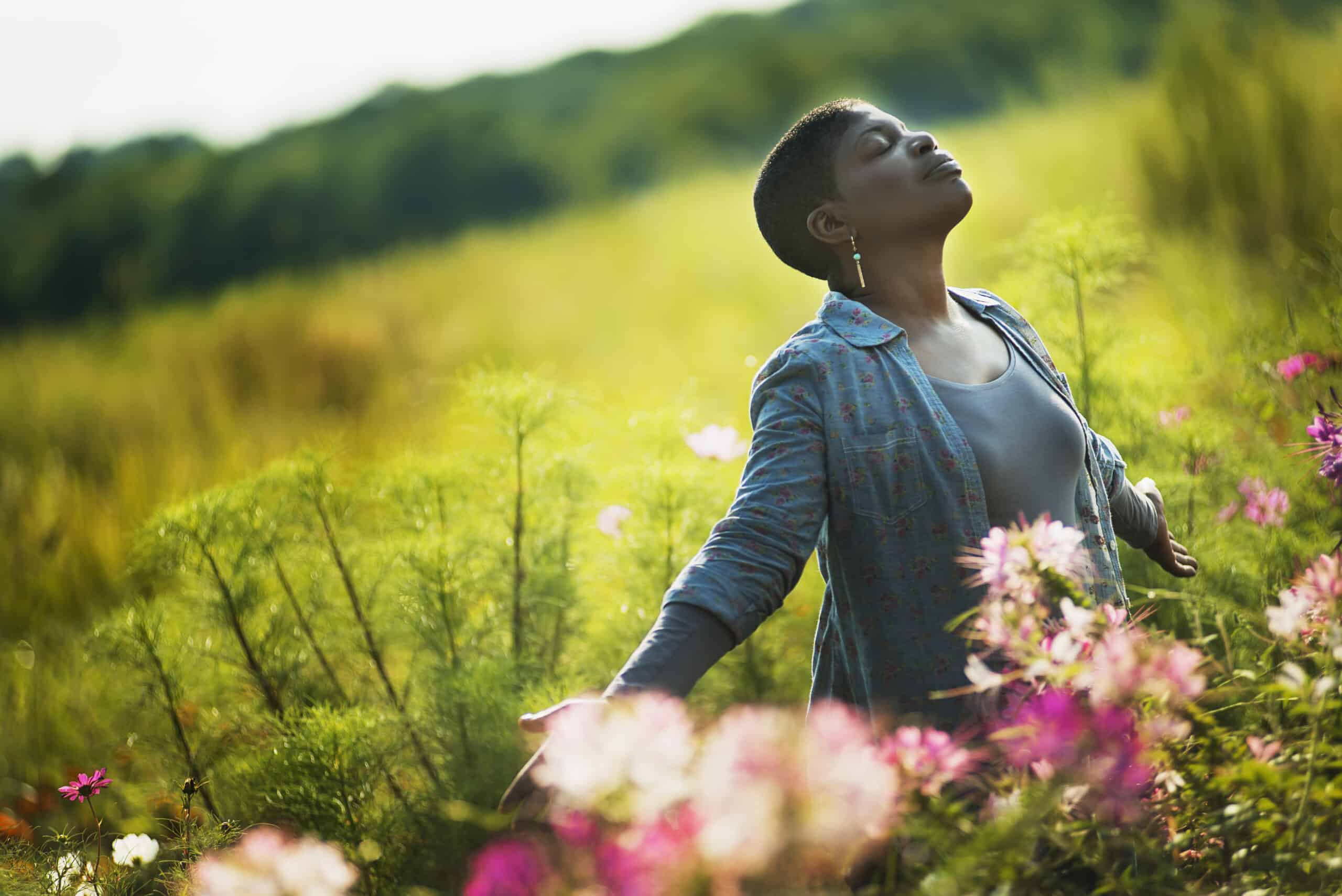 Woman Enjoying Mindfulness in Organic Flower Farm